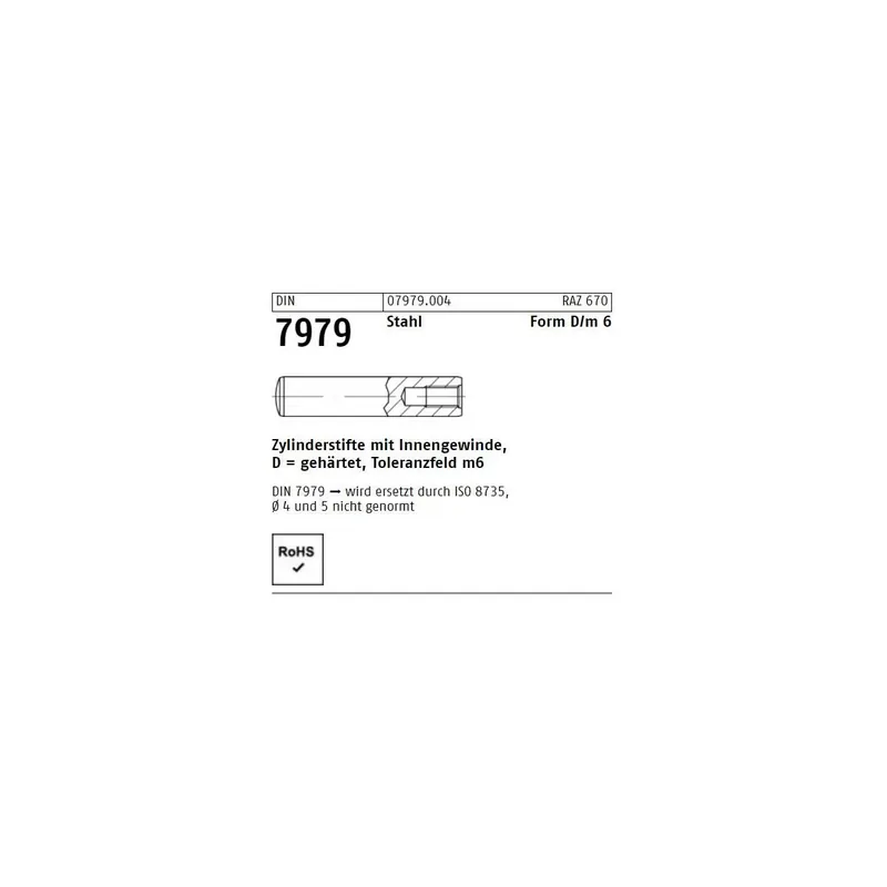 Abverkauf DIN 7979 Stahl Form D/m 6 Zylinderstifte mit Innengewinde, gehärtet, Toleranzfeld m6 - Abmessung D 10 x 50 (100 Stück)