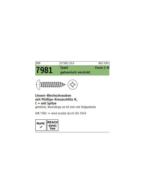 Abverkauf DIN 7981 Linsenkopf - Blechschraube - verzinkt - PH - 3,9x16 - 100 Stück