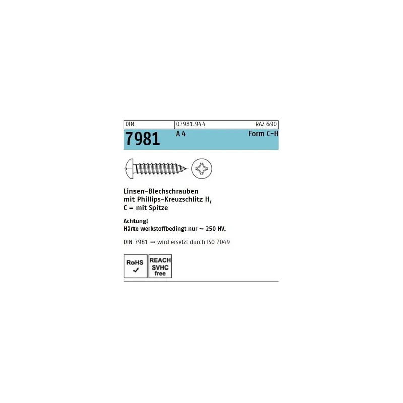 Abverkauf DIN 7981 Linsenkopf - Blechschraube A4 - PH - 4,2x13 - 1000 Stück