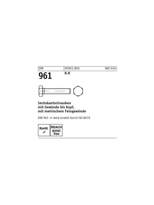 Abverkauf DIN 961 Sechskantschraube - Stahl 8.8 - VG - Feingewinde - M16x20x1,5 - 50 Stück
