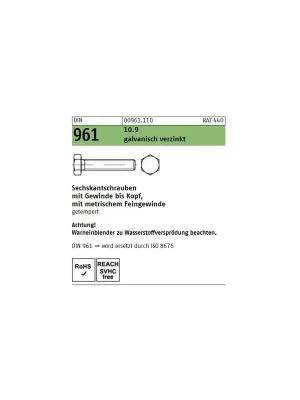 Abverkauf DIN 961 Sechskantschraube - verzinkt 10.9 - VG - Feingewinde - M8x30x1 - 200 Stück