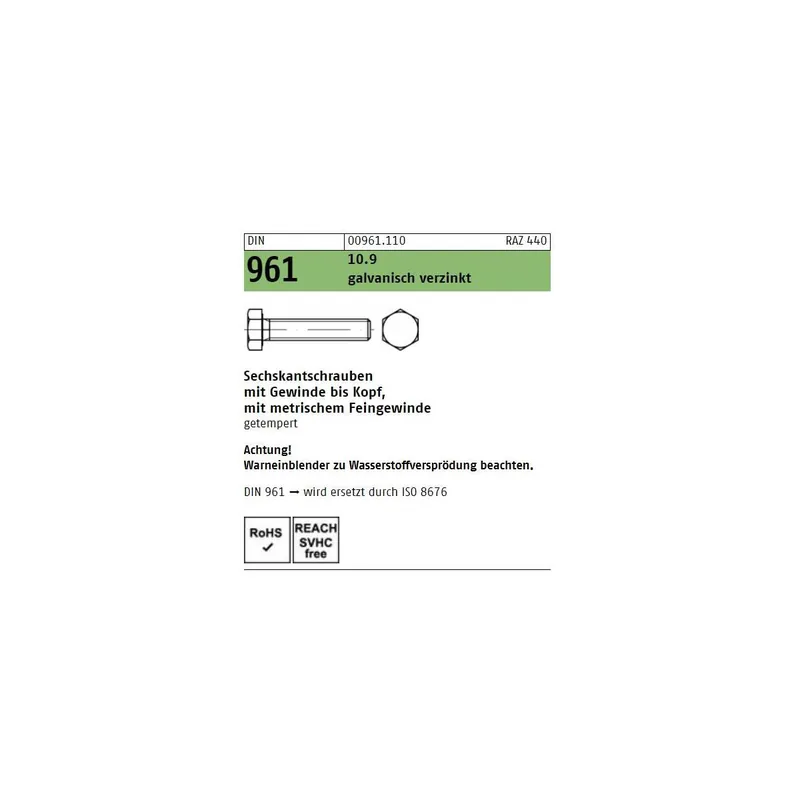 Abverkauf DIN 961 Sechskantschraube - verzinkt 10.9 - VG - Feingewinde - M8x30x1 - 200 Stück