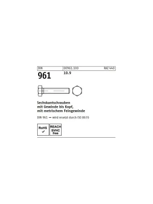Abverkauf DIN 961 Sechskantschraube - Stahl 10.9 - VG - Feingewinde - M10x25x1 - 200 Stück