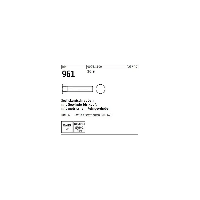 Abverkauf DIN 961 Sechskantschraube - Stahl 10.9 - VG - Feingewinde - M10x25x1 - 200 Stück