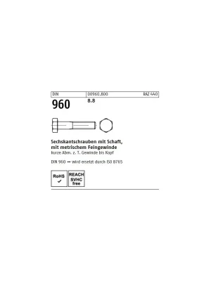 Abverkauf DIN 960 Sechskantschraube - Stahl 8.8 - TG - Feingewinde - M8x35x1 - 200 Stück