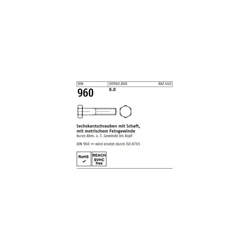 Abverkauf DIN 960 Sechskantschraube - Stahl 8.8 - TG - Feingewinde - M8x35x1 - 200 Stück