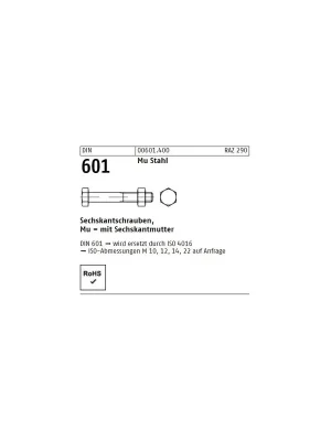 Abverkauf DIN 601 Sechskantschraube - Stahl blank - m.Mu - M30x340 - 1 Stück