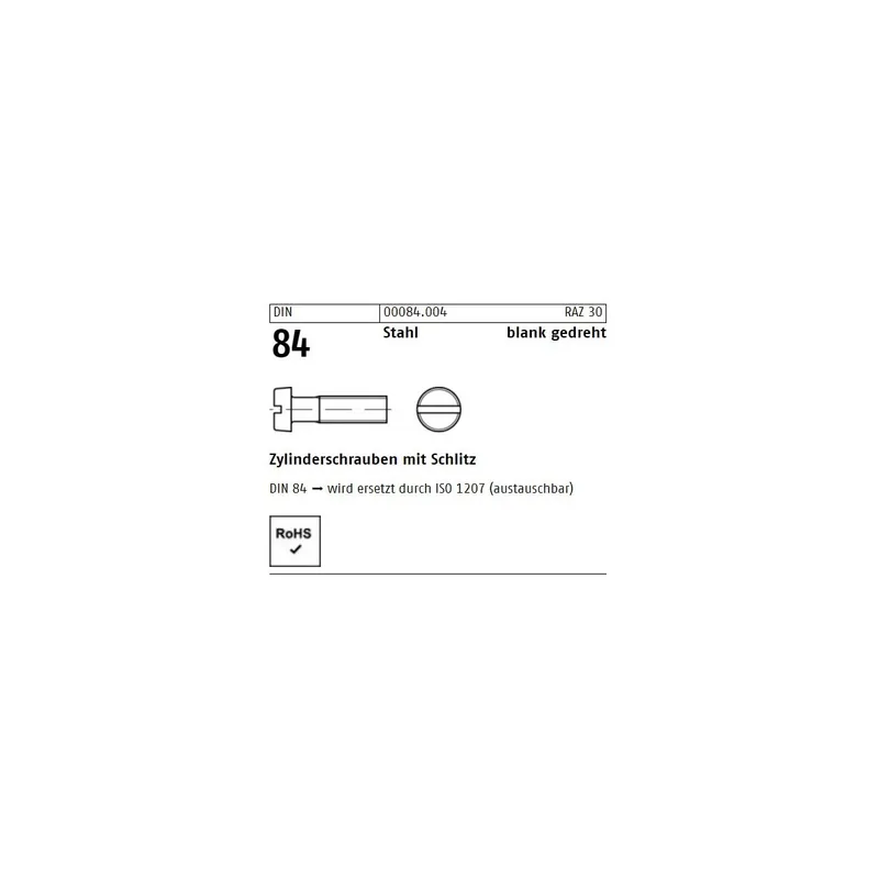 Zylinderschrauben DIN 84 - ISO 1207 - M1x2 - Zylinderkopf - Schlitz - Stahl - 100 Stück Geprüft
