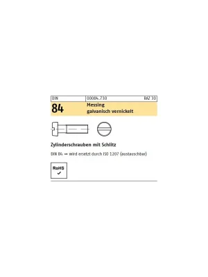Zylinderschrauben DIN 84 - ISO 1207 - M2,5x8 - Zylinderkopf - Schlitz - Messing vernickelt - 200 Stück Rabatt