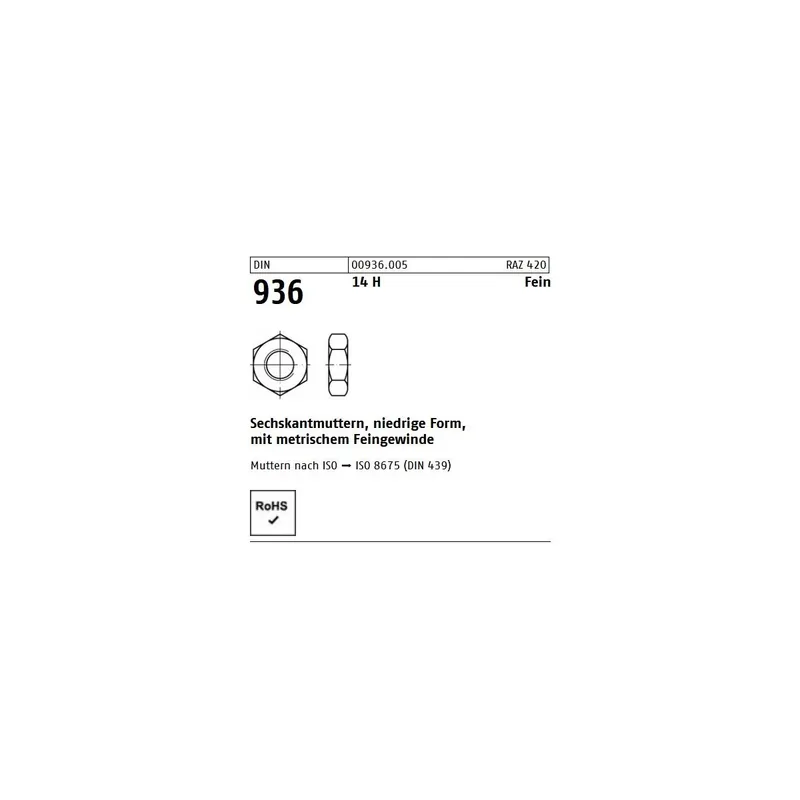 Abverkauf Sechskantmutter DIN 936 - M36x3 - niedrige Form - Feingewinde - Stahl blank 14H - 1 Stück