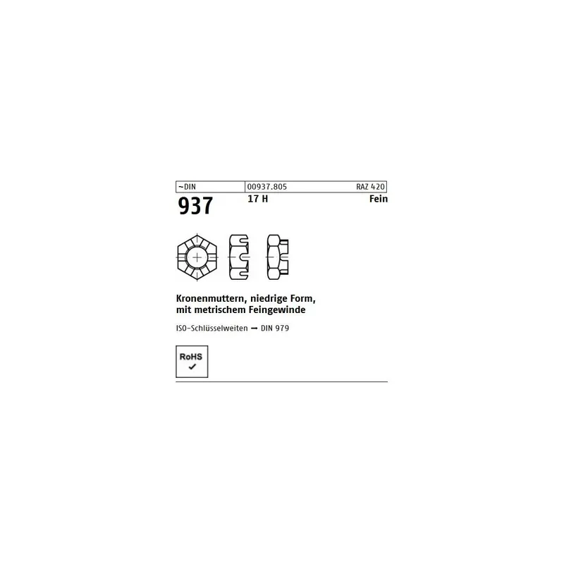 ~DIN 937 17 H Fein Kronenmuttern, niedrige Form mit metrischem Feingewinde - Abmessung M 14 x 1,5 (50 Stück) Schneller Versand