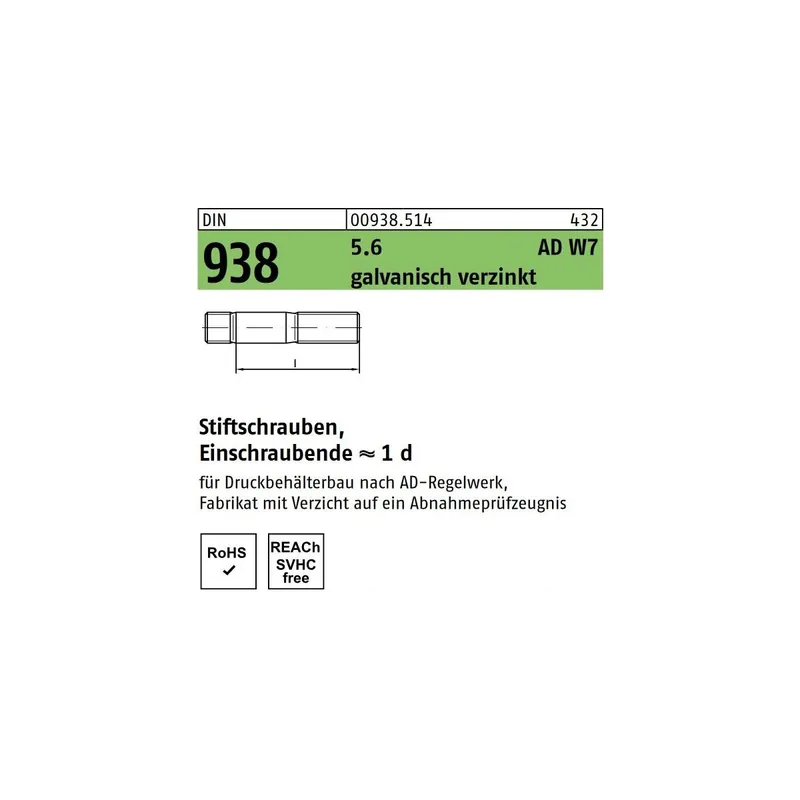 DIN 938 Stiftschrauben Stahl 5.6 verzinkt M20x60, ADW7 25St. Solange Der Vorrat Reicht