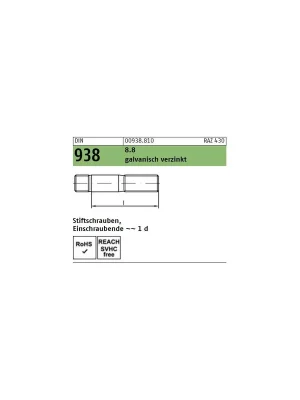 Abverkauf DIN 938 Stiftschrauben Stahl 8.8 verzinkt M20x45 10St.