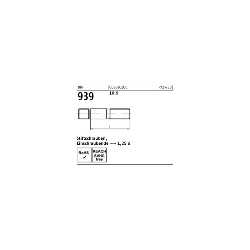 Abverkauf DIN 939 Stiftschrauben Stahl 10.9 M20x110 10St.