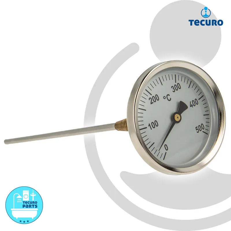 Sonderangebot tecuro Ø 80 mm Bi-Metall Rauchgas - Thermometer 0 - 500°C mit Sonde 300 mm und Klemmkonus