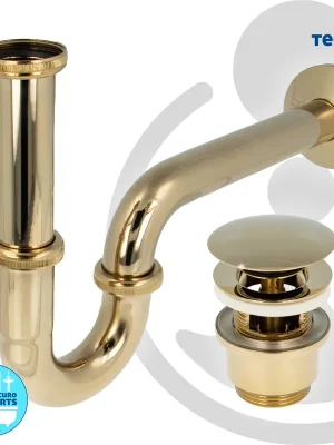 Top-Preis tecuro Siphon extra lang mit Pop Up Ablaufventil vergoldet - Universal Set für Waschtisch / Waschbecken