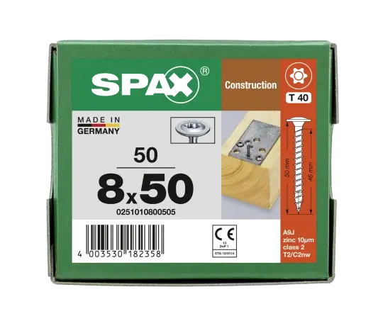 SPAX Tellerkopf Beschlagschraube T40 8 mm T-STAR plus 4CUT Vollgewinde WIROX P5J C4 8x50 - 50 Stk Direktkauf