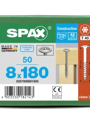 Garantierte Lieferung SPAX Tellerkopf 8 mm T-STAR plus 4CUT Teilgewinde Edelstahl rostfrei A2 1.4567 8x180 - 50 Stk