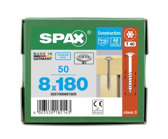 Garantierte Lieferung SPAX Tellerkopf 8 mm T-STAR plus 4CUT Teilgewinde Edelstahl rostfrei A2 1.4567 8x180 - 50 Stk