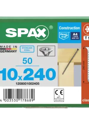 Bestpreis SPAX Senkkopf 10 mm T-STAR plus - Vollgewinde Edelstahl rostfrei A4 1.4578 T50 10x240 - 50 Stk