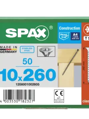 Versand Am Gleichen Tag SPAX Senkkopf 10 mm T-STAR plus - Vollgewinde Edelstahl rostfrei A4 1.4578 T50 - 10x260 - 50 Stk