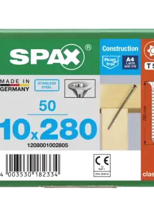 Echt SPAX Senkkopf 10 mm T-STAR plus - Vollgewinde Edelstahl rostfrei A4 1.4578 T50 - 10x280 - 50 Stk