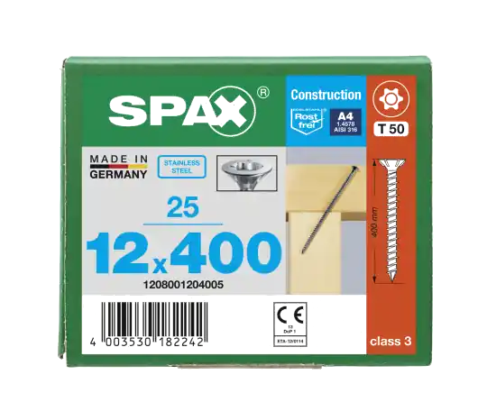 Jetzt Bestellen SPAX Senkkopf 12 mm T-STAR plus - Vollgewinde Edelstahl rostfrei A4 1.4578 T50 - 12x400 - 25 Stk
