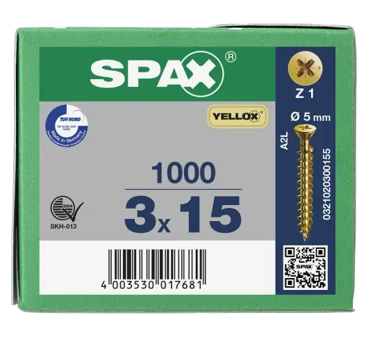 Abverkauf SPAX Senkkopf Kreuzschlitz Z kleiner Kopf Vollgewinde YELLOX A2L PZ1 - 3x15 - 1000 Stk