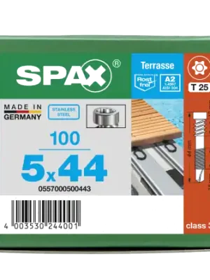 Billig SPAX Terrassenschraube für Aluminium Profile Edelstahl rostfrei A2 1.4567 5x44 - 100 Stk